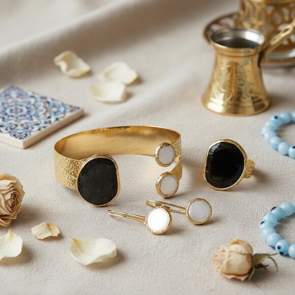 Turkish Artisan Luxury Jewelry Set 18K Gold Plated Brass Genuine Gemstones - Picture 10 of 11